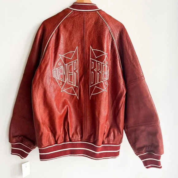 Zara Brown Buffalo Leather Embroidered Varsity Jacket L - Picture 1 of 7